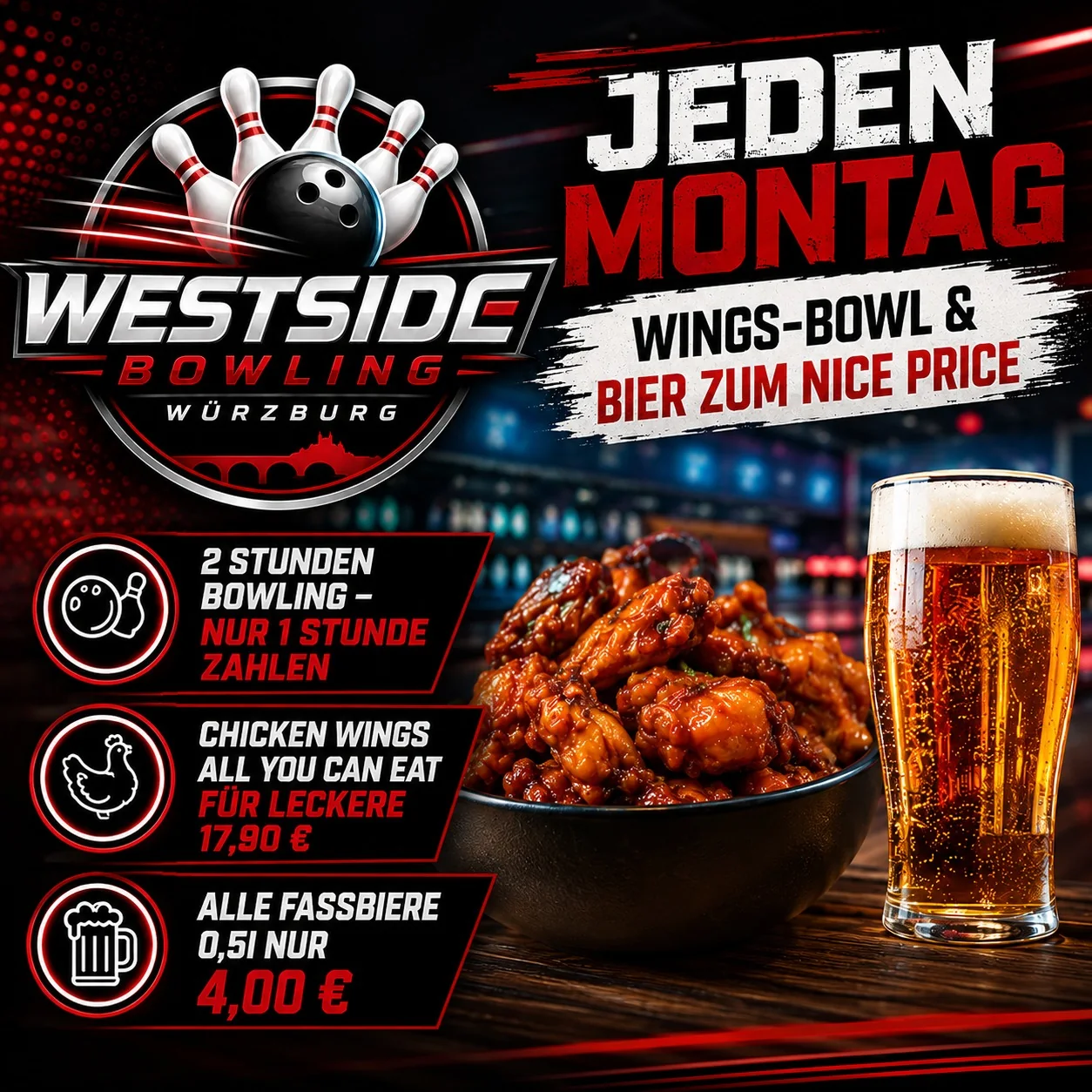 Montags-Special mit Wings, Bowling und Bier